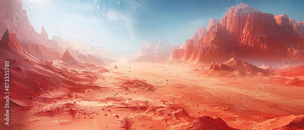 Fototapeta An alien landscape with red sandy terrain, sharp rock formations, a massive planet dominating the sky, and multiple moons in a star-filled sky