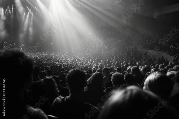 Fototapeta A packed concert venue with dramatic stage lighting illuminating a sea of silhouetted spectators, creating an atmospheric black and white scene.