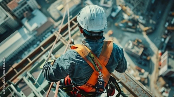 Fototapeta A construction worker wearing a safety harness and safety line while working at a high place
