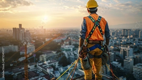 Fototapeta A construction worker wearing a safety harness and safety line while working at a high place