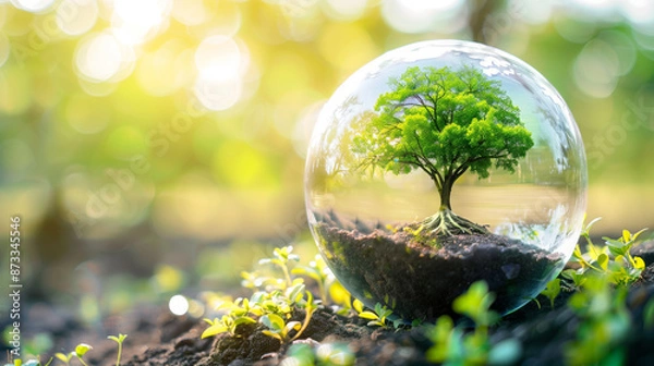 Fototapeta A green tree encapsulated within a delicate bubble floats weightlessly, its vibrant leaves shimmering with refracted light, creating a surreal and enchanting spectacle of nature's resilience.