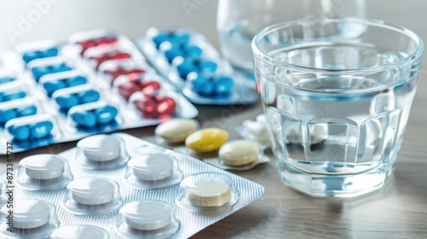 Fototapeta Assorted Medication Pills and Capsules with Water Glass on Table