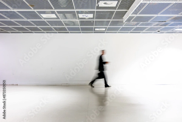 Obraz la silhouette floue d'un homme d'affaire dans un couloir blanc d'éeroport