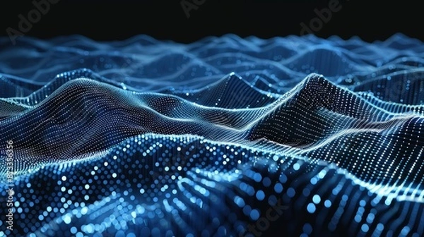 Obraz An elegant 3D terrain model made of interconnected digital points and grids, showing a complex network of data patterns and flows.