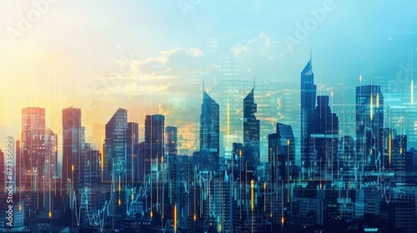 Obraz An elegant array of financial graphs merging into a skyline, symbolizing the growth and expansion of urban-based enterprises and markets.