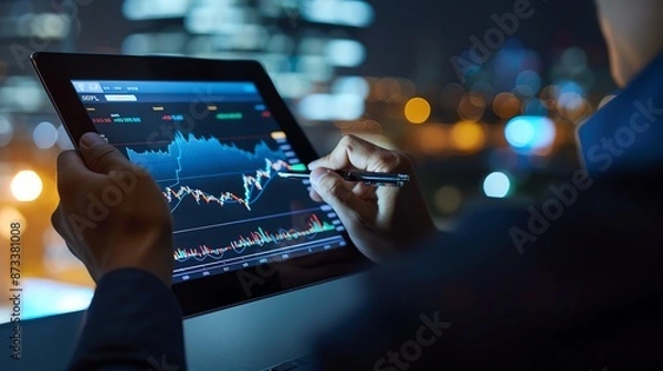 Obraz Close-up of a financial advisor analyzing market trends on a digital tablet