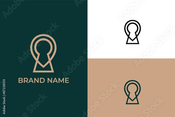 Fototapeta  key hole and location pointer abstract vector, Navigation marker and key, Abstract map location pin logo, pinpoint with keyhole like quest room, pin location with key home for travel real estate logo