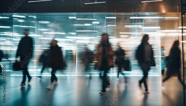 Fototapeta Blurred people stalking in blurred motion in modern space. 