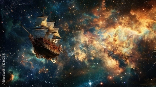 Fototapeta A fairytale ship floating through a sea of stars and nebulae, navigating the cosmos towards an unknown, enchanted destination.