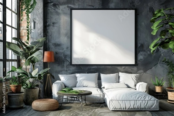 Fototapeta Frame mockup in cozy dark room interior background, 3d render, Generative AI