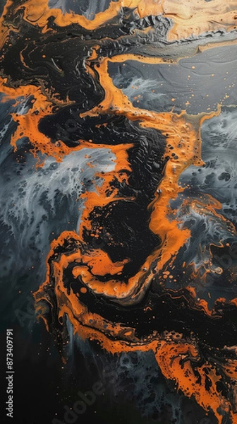 Fototapeta Aerial View of a Winding River of Lava Flowing Through a Dark Landscape