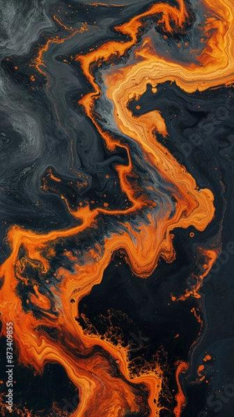 Fototapeta Aerial View of a Winding River of Lava Flowing Through a Dark Landscape