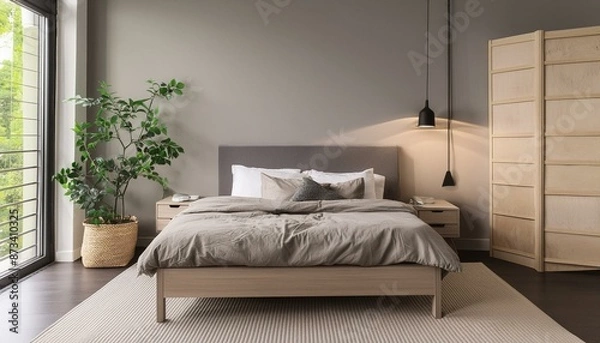 Fototapeta Minimalist bedroom with a platform bed, monochromatic color scheme, and uncluttered space