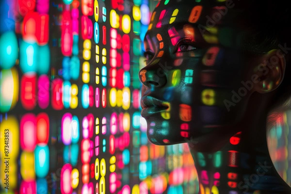 Fototapeta A young girl looks at a falling multicolored binary code. The matrix digital identification concept
