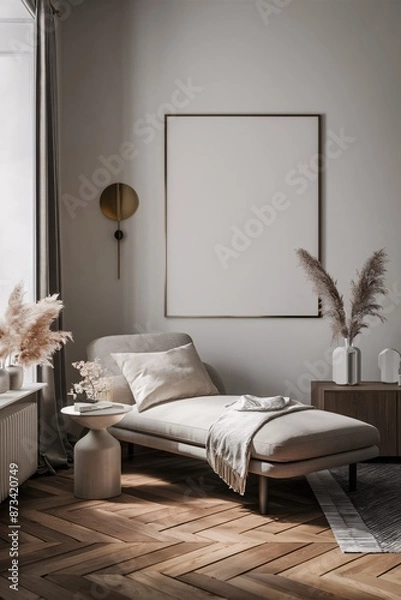 Fototapeta There is a chaise lounge with a cream cushion and blanket in the center of the image. There is a blank frame on the wall behind it. To the right of the chaise lounge is a wooden nightstand with two de