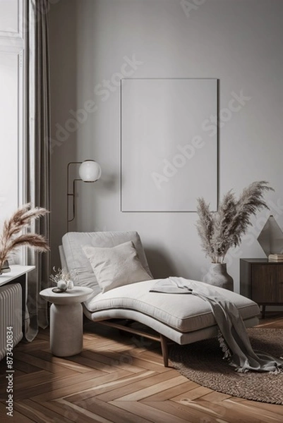 Fototapeta There is a chaise lounge in the middle of the room. It is cream-colored and has a white blanket on it. There is a small table to the left of it with a cup and book on it. There is a gray rug under the