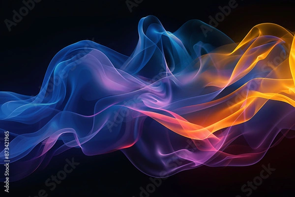 Fototapeta Floating smoke-like shapes in various colors on a black background, creating an ethereal and mesmerizing visual effect.