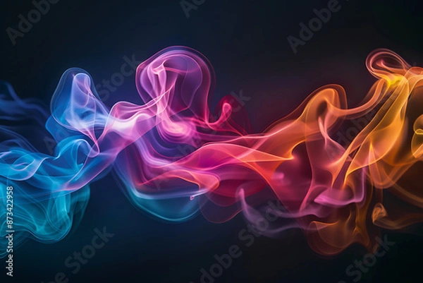 Fototapeta Floating smoke-like shapes in various colors on a black background, creating an ethereal and mesmerizing visual effect.