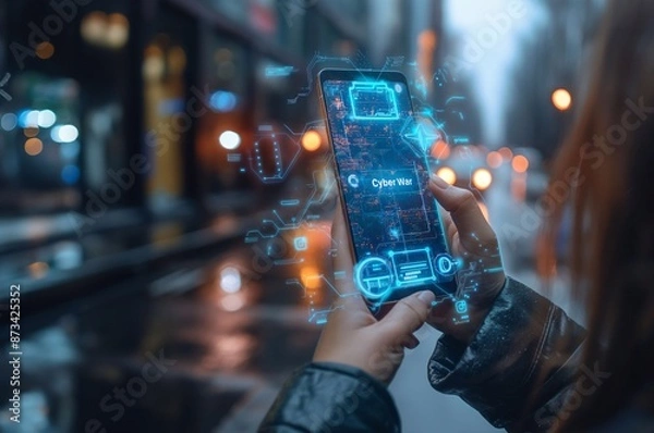 Obraz Female cyber warrior looks at holographic screen of phone in hand in cyber war generative ai