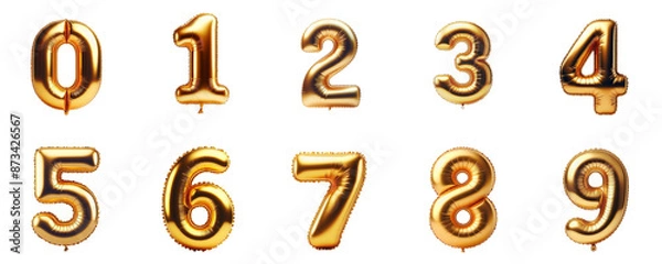 Fototapeta 3D Render of Golden inflatable foil baloons set. Bright party decoration figures. Yellow numbers isolated on white background.	