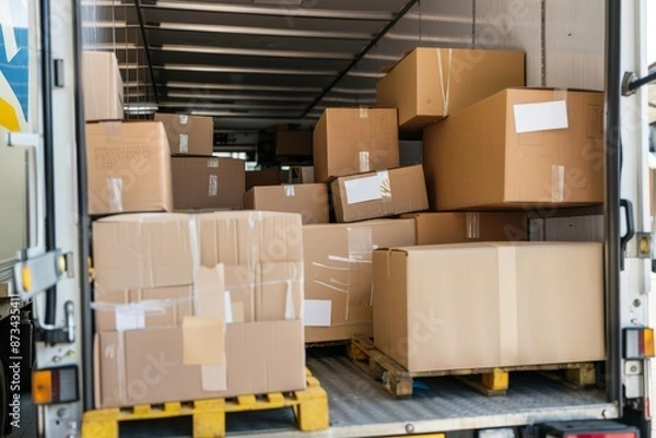 Fototapeta Couriers organizing packages in trucks, optimized efficiency, modern delivery systems