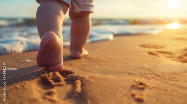 Obraz Baby's first steps on the beach at sunset with copy space
