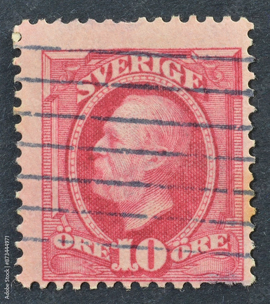 Fototapeta Cancelled postage stamp printed by Sweden, that shows portrait of king Oscar II, circa 1891.