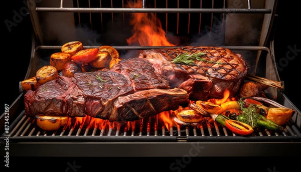 Fototapeta A close up of steaks cooking on a bbq grill with blazing fire flame at a Summer Barbecue