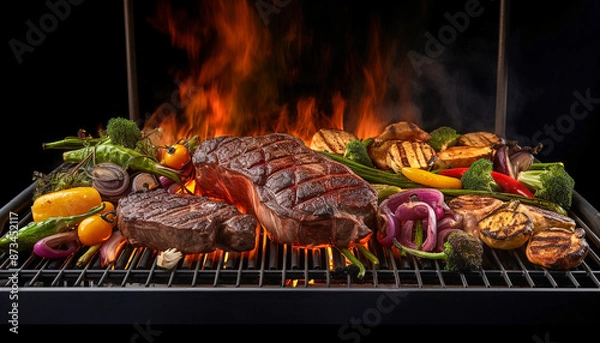 Fototapeta A close up of steaks cooking on a bbq grill with blazing fire flame at a Summer Barbecue