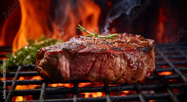 Fototapeta A close up of steaks cooking on a bbq grill with blazing fire flame at a Summer Barbecue