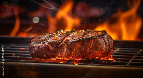 Fototapeta A close up of steaks cooking on a bbq grill with blazing fire flame at a Summer Barbecue
