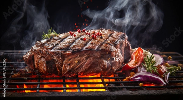 Fototapeta A close up of steaks cooking on a bbq grill with blazing fire flame at a Summer Barbecue