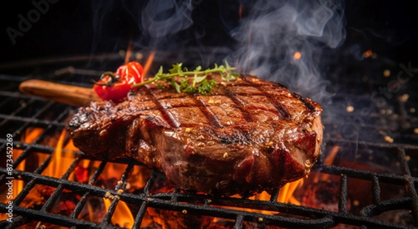 Fototapeta A close up of steaks cooking on a bbq grill with blazing fire flame at a Summer Barbecue