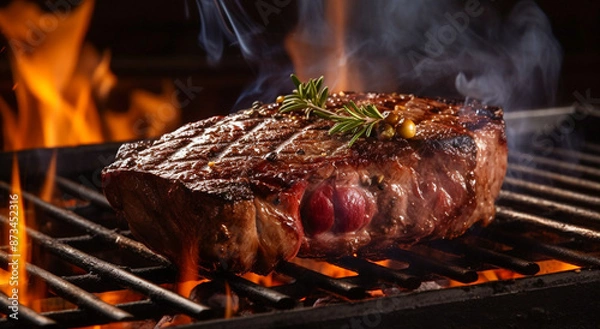 Fototapeta A close up of steaks cooking on a bbq grill with blazing fire flame at a Summer Barbecue