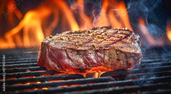 Fototapeta A close up of steaks cooking on a bbq grill with blazing fire flame at a Summer Barbecue