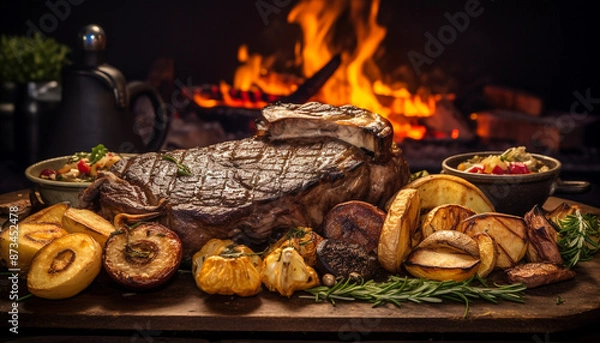 Fototapeta A close up of steaks cooking on a bbq grill with blazing fire flame at a Summer Barbecue
