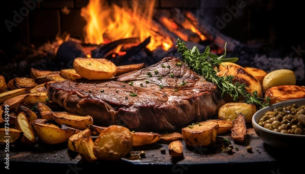 Fototapeta A close up of steaks cooking on a bbq grill with blazing fire flame at a Summer Barbecue