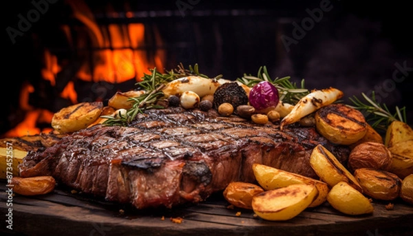 Fototapeta A close up of steaks cooking on a bbq grill with blazing fire flame at a Summer Barbecue