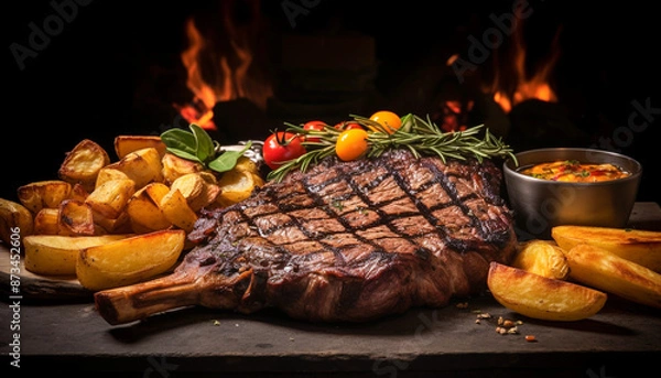 Fototapeta A close up of steaks cooking on a bbq grill with blazing fire flame at a Summer Barbecue