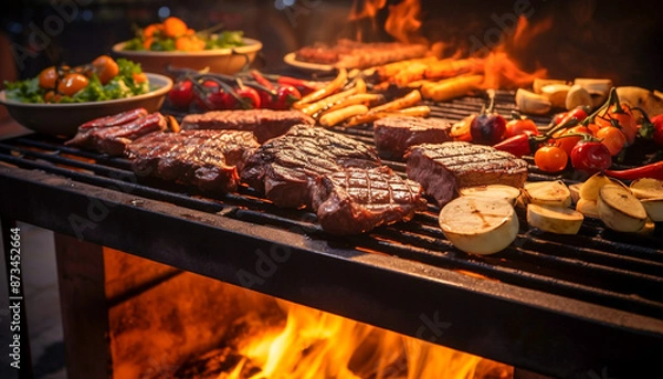 Fototapeta A close up of steaks cooking on a bbq grill with blazing fire flame at a Summer Barbecue