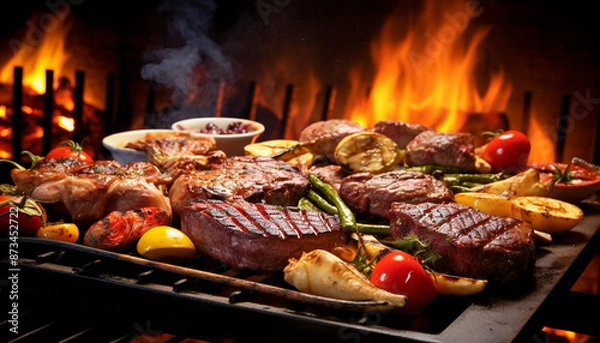 Fototapeta A close up of steaks cooking on a bbq grill with blazing fire flame at a Summer Barbecue