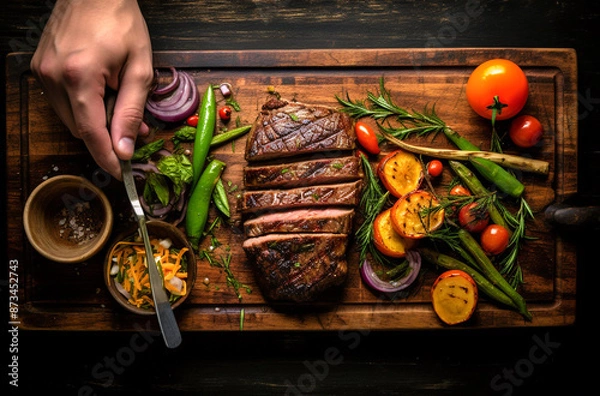 Fototapeta A close up of steaks cooking on a bbq grill with blazing fire flame at a Summer Barbecue
