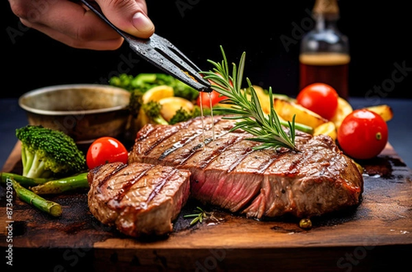 Fototapeta A close up of steaks cooking on a bbq grill with blazing fire flame at a Summer Barbecue