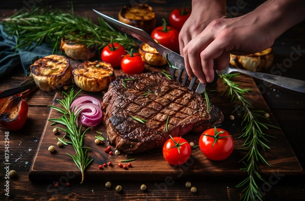 Fototapeta A close up of steaks cooking on a bbq grill with blazing fire flame at a Summer Barbecue