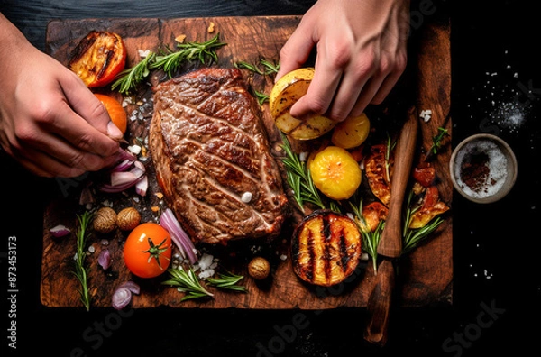 Fototapeta A close up of steaks cooking on a bbq grill with blazing fire flame at a Summer Barbecue