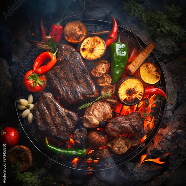 Fototapeta A close up of steaks cooking on a bbq grill with blazing fire flame at a Summer Barbecue