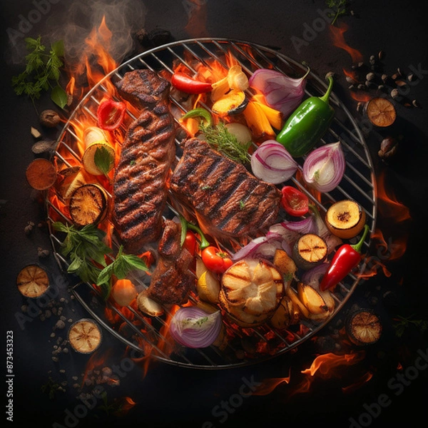 Fototapeta A close up of steaks cooking on a bbq grill with blazing fire flame at a Summer Barbecue