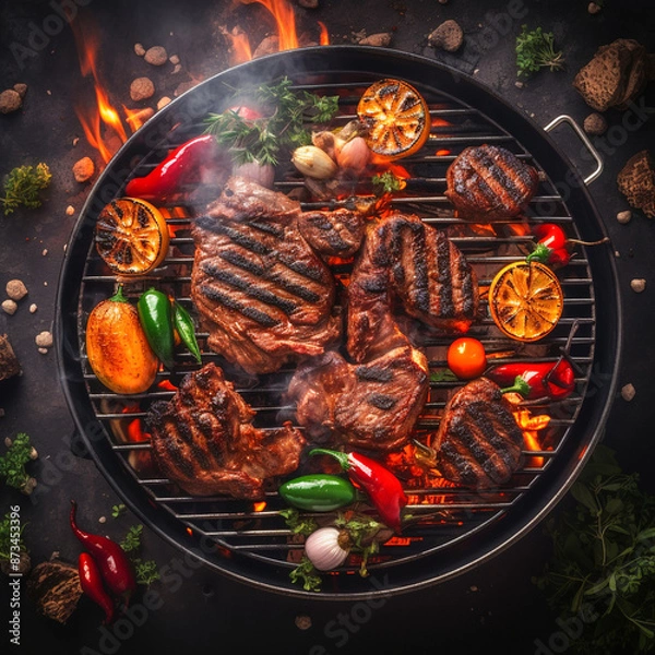 Fototapeta A close up of steaks cooking on a bbq grill with blazing fire flame at a Summer Barbecue