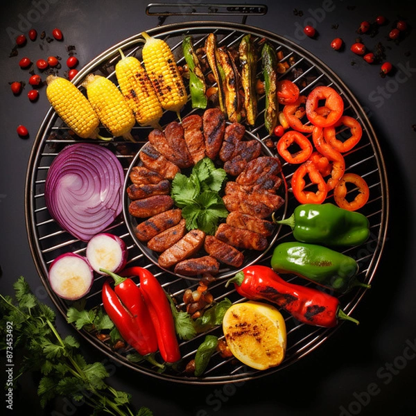 Fototapeta A close up of steaks cooking on a bbq grill with blazing fire flame at a Summer Barbecue