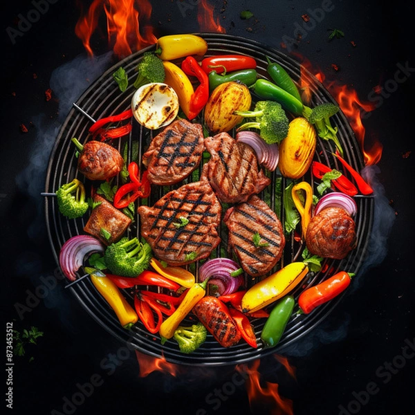 Fototapeta A close up of steaks cooking on a bbq grill with blazing fire flame at a Summer Barbecue